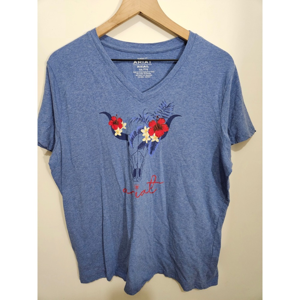 Ariat Real Womens XXL Blue Steer Skull Floral V-Neck Graphic T-Shirt Classic Fit